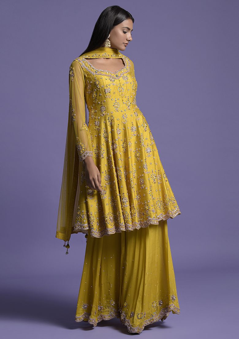 Yellow Silk Sequin Embroidered Short Anarkali Set