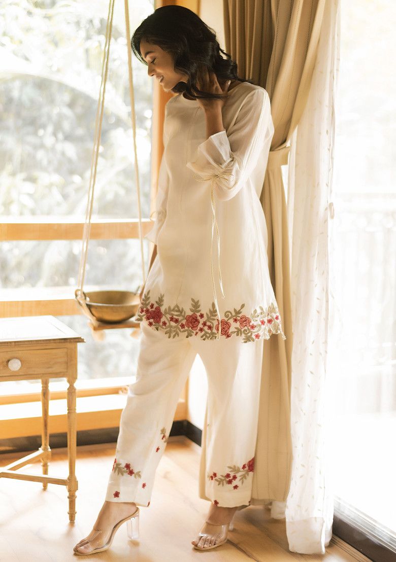 Ivory Applique Embroidered Handwoven Malai Chanderi Co-Ord Set