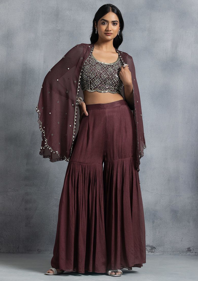 Wine Sharara Set With Bead Mirror Hand Embroidered Blouse And Embellished Jacket