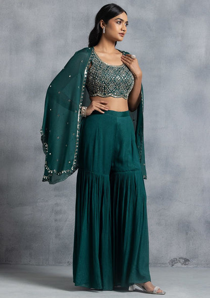 Deep Green Sharara Set With Bead Mirror Hand Embroidered Blouse And Embellished Jacket