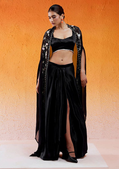 Black Sequin Embroidered Draped Skirt Set With Cape