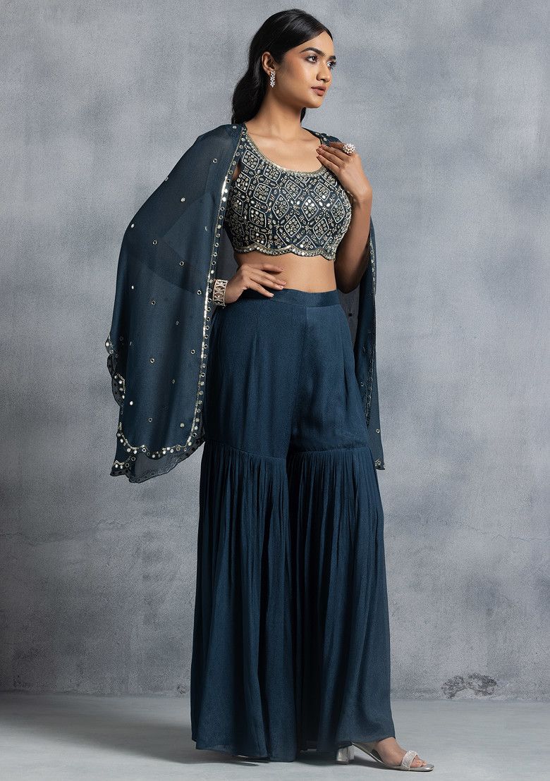 Teal Blue Sharara Set With Bead Mirror Hand Embroidered Blouse And Embellished Jacket