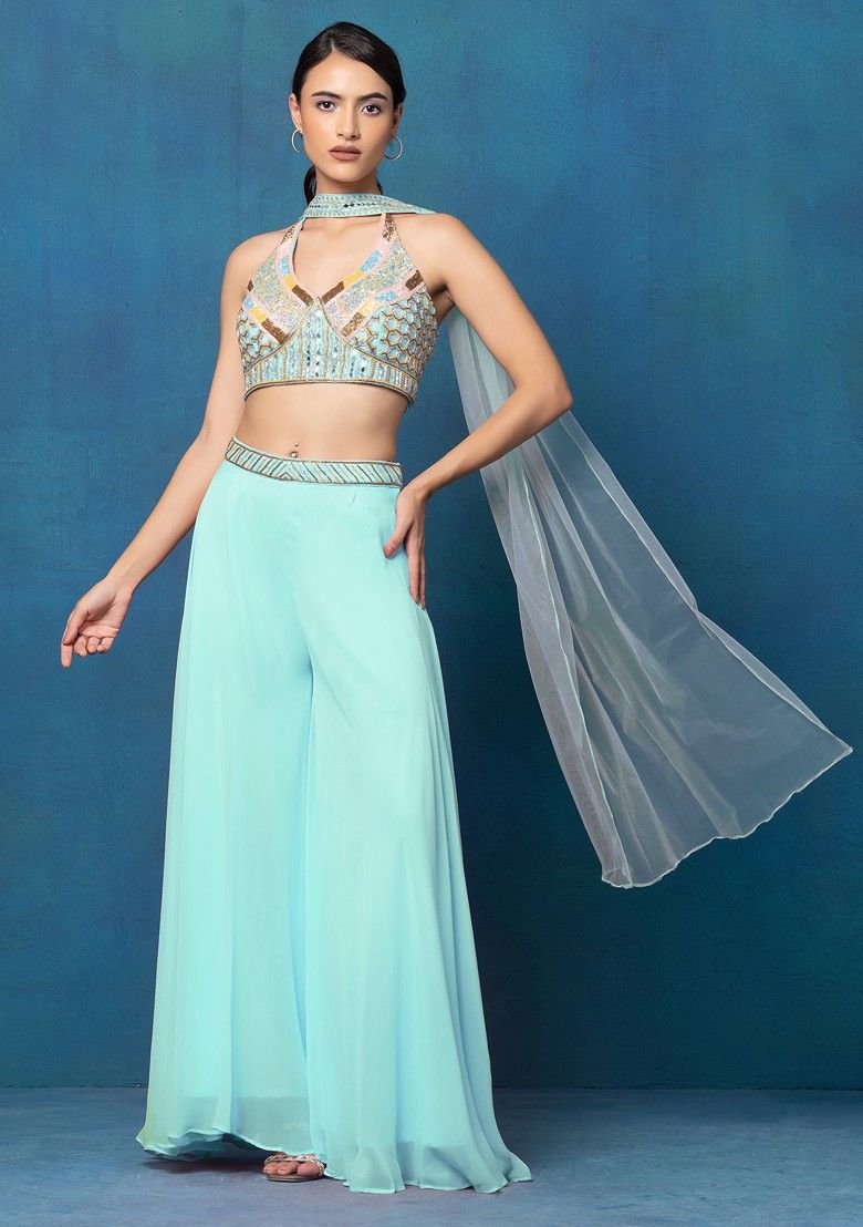 Pastel Blue Sharara Set With Multicolour Mirror Hand Embroidered Blouse And Dupatta