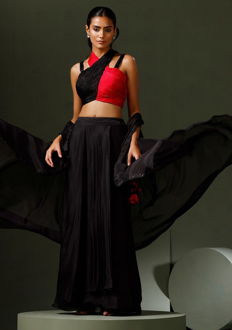 Red And Black Halter Crop Top And Skirt Set