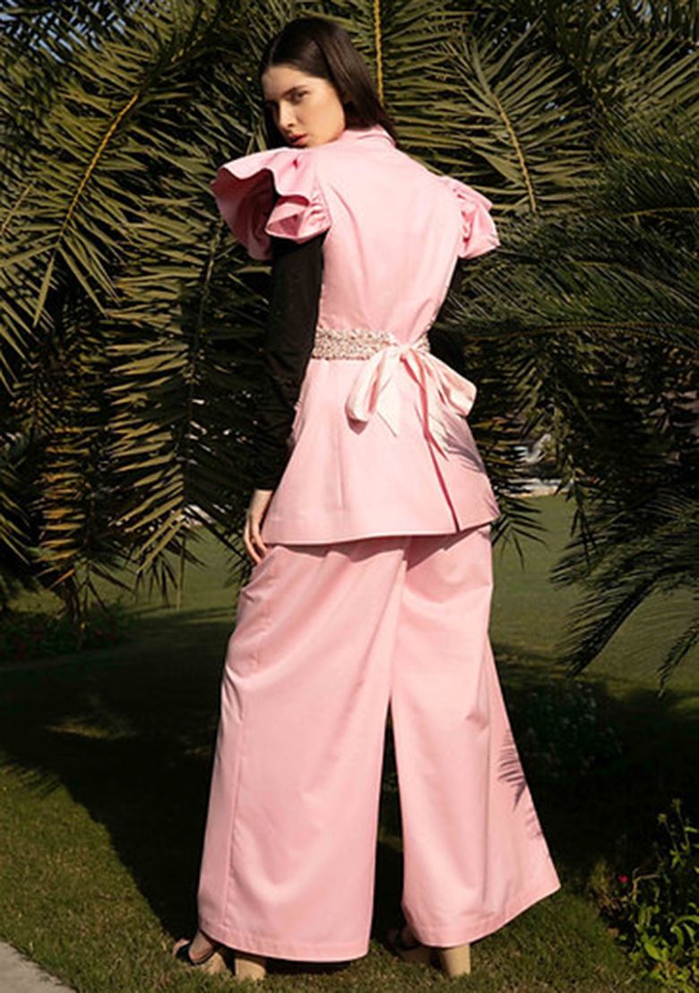 Pink Cotton Wing Jacket And Trouser Set