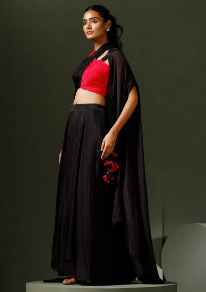 Red And Black Halter Crop Top And Skirt Set