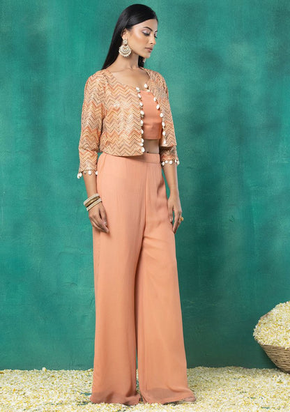 Peach Multicolour Chevron Thread Embroidered Short Jacket Set With Blouse And Sharara