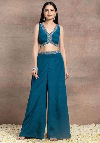 Teal Palazzo Set With Sequin Pearl Embroidered Blouse And Choker Dupatta