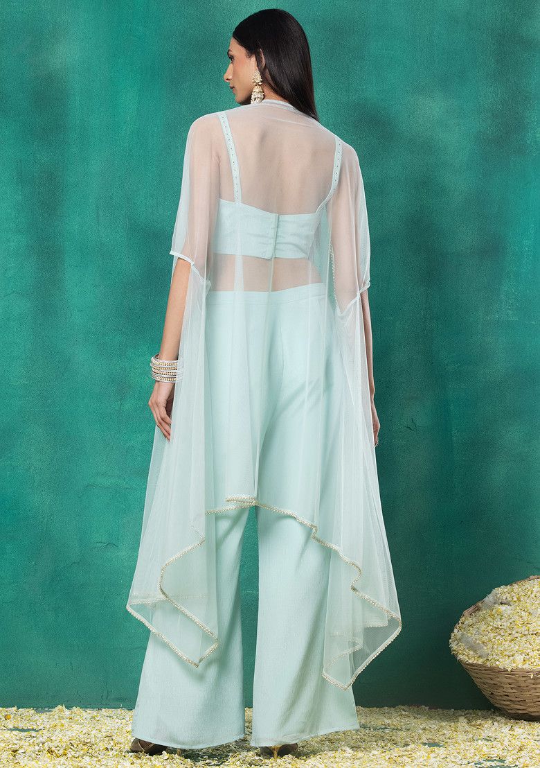 Seafoam Mesh Jacket Set With Sequin Pearl Embroidered Blouse And Pants