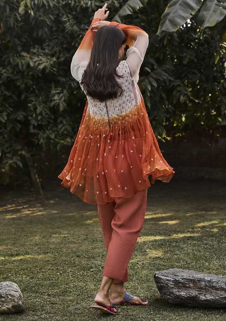 Rust Embroidered Handwoven Organza Tunic Set