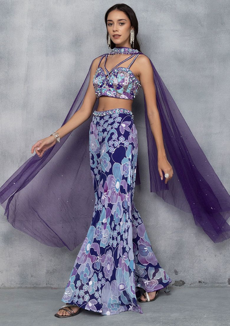 Purple Floral Print Sharara Set With Sequin Embellished Blouse And Dupatta