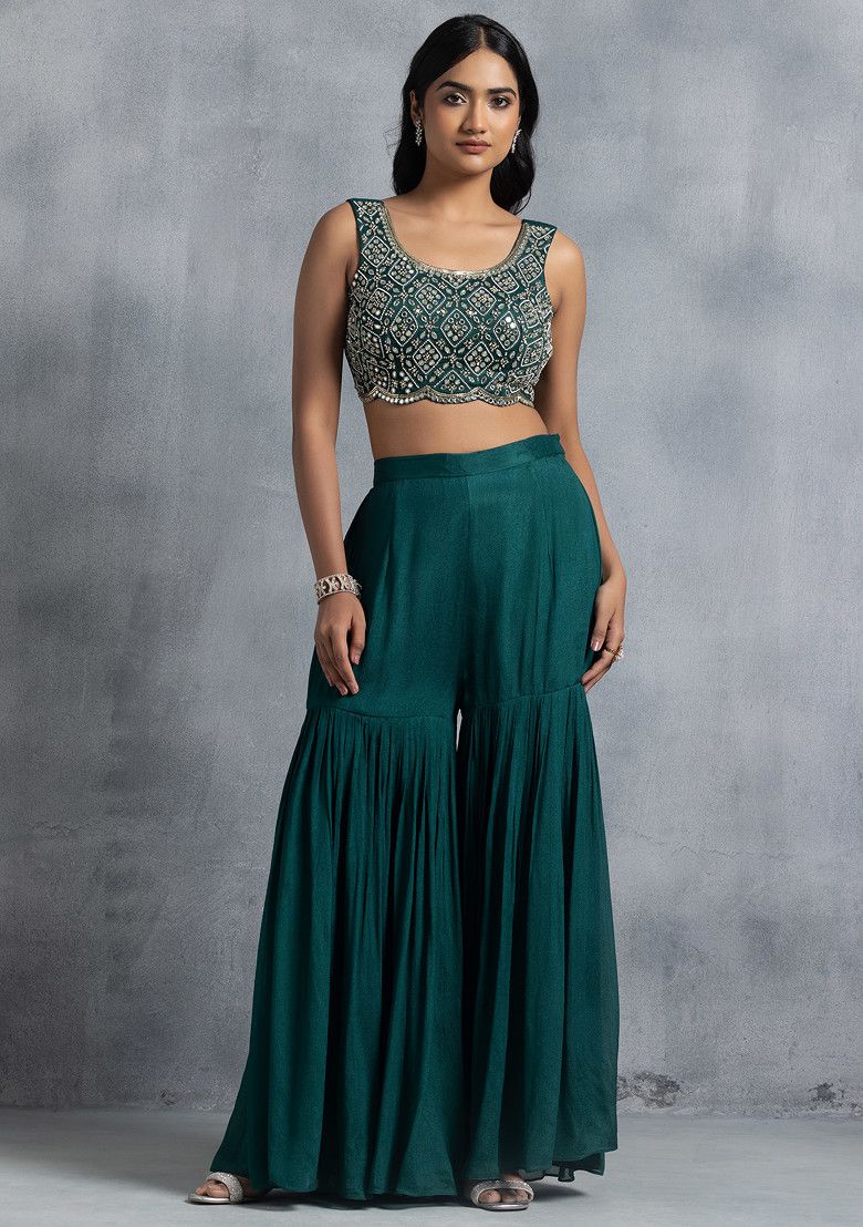 Deep Green Sharara Set With Sequin Hand Work Blouse And Dupatta