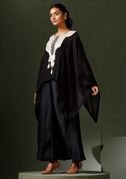 Black Embroidered Cape And Drape Skirt Set