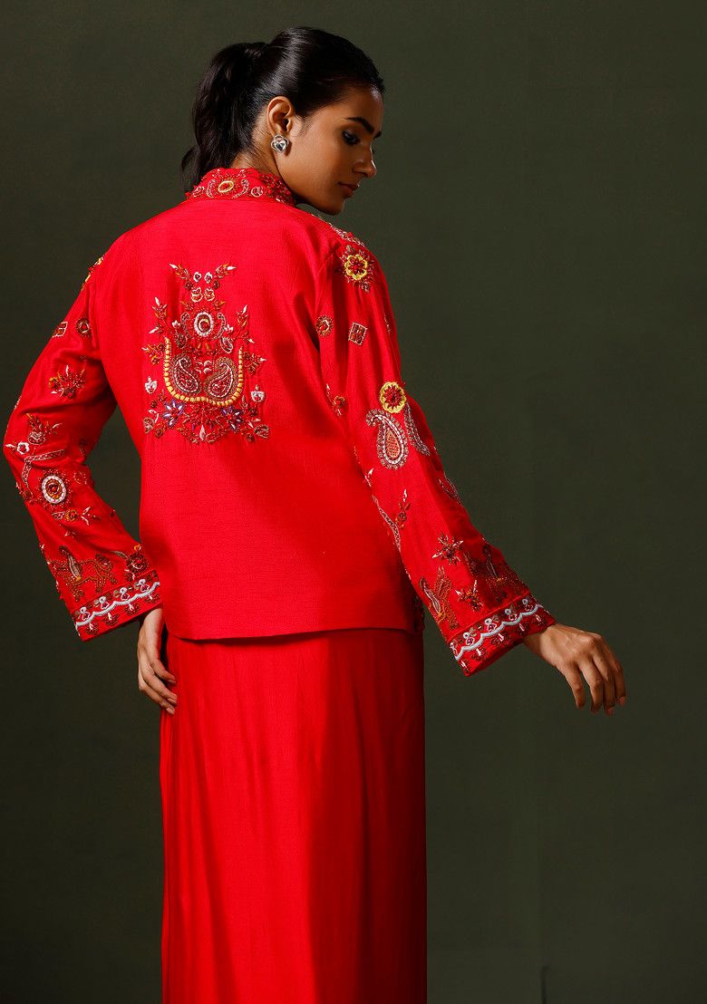 Red Embroidered Silk Jacket And Drape Skirt Set