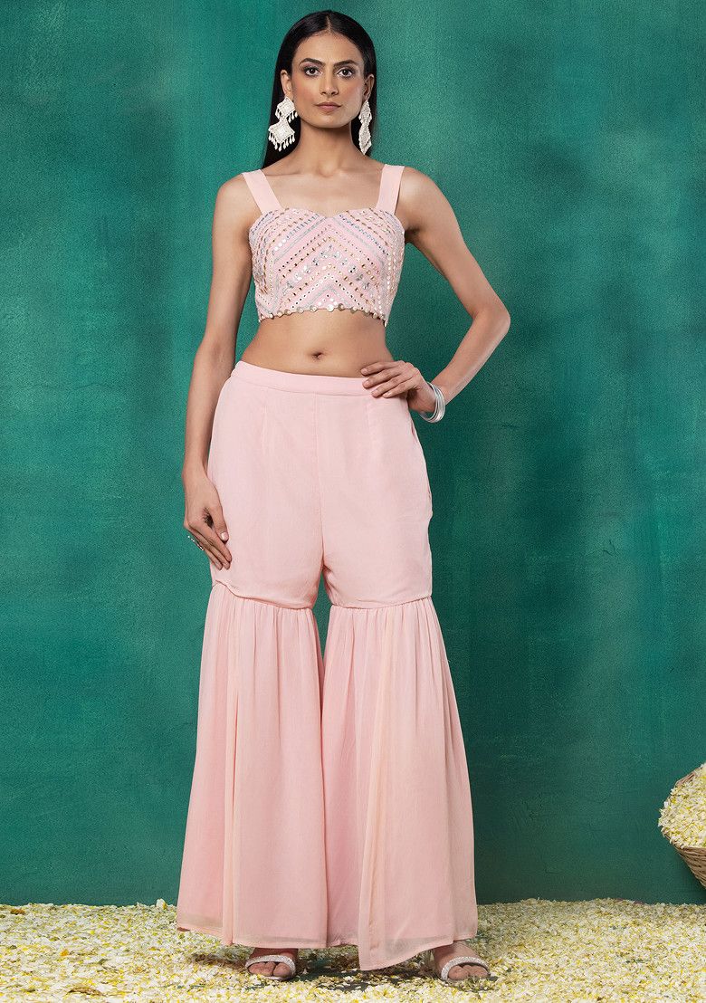 Pastel Pink Sharara Set With Gota Patti Embroidered Blouse And Mesh Jacket