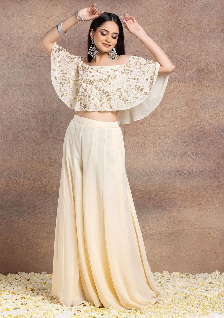 Ivory Sharara Set With Floral Bead Embroidered Blouse And Choker Dupatta