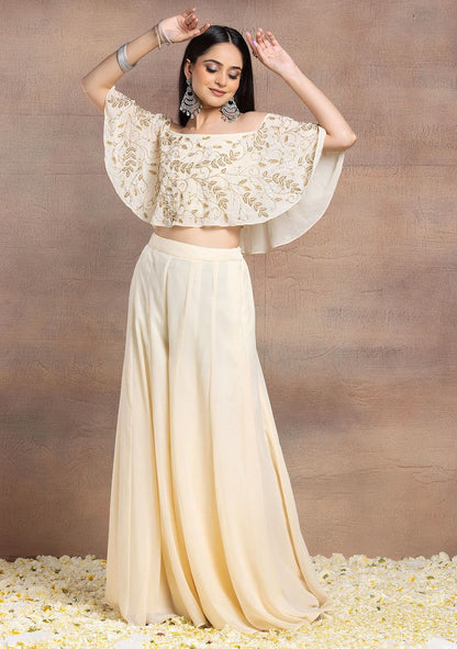 Ivory Sharara Set With Floral Bead Embroidered Blouse And Choker Dupatta