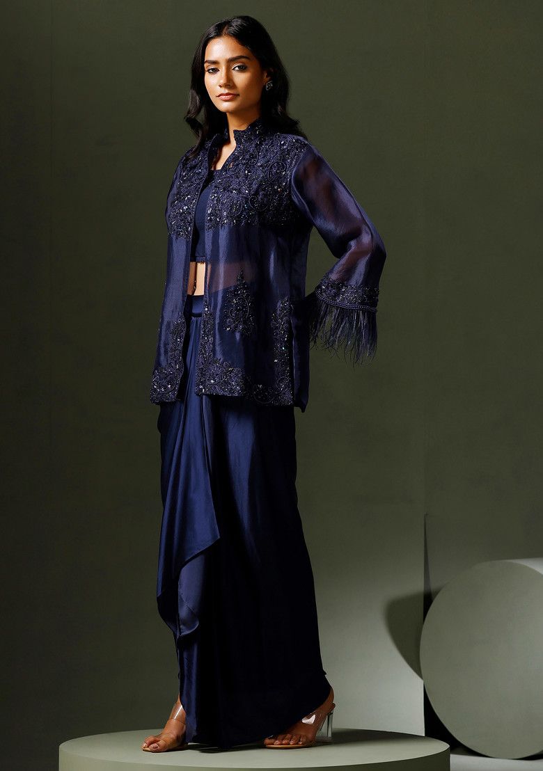 Blue Embroidered Organza Jacket And Drape Skirt Set