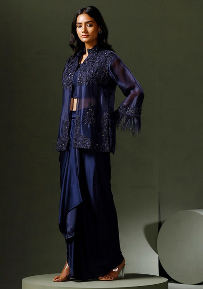 Blue Embroidered Organza Jacket And Drape Skirt Set