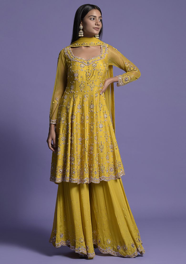 Yellow Silk Sequin Embroidered Short Anarkali Set