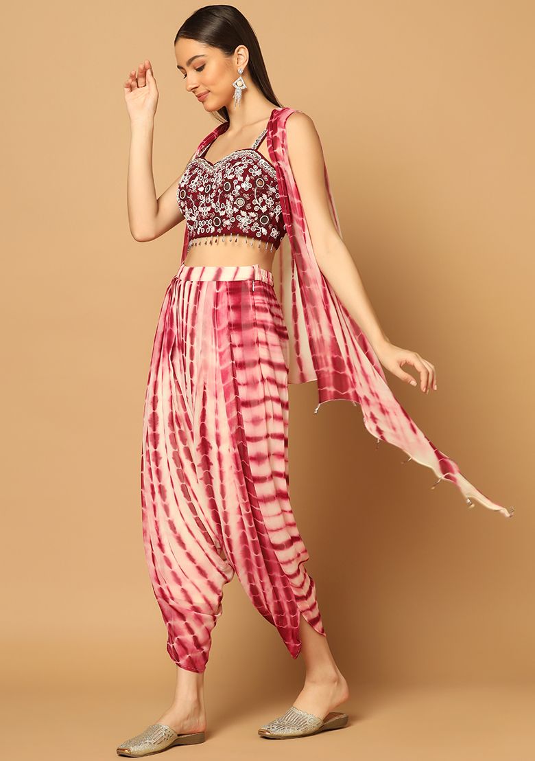 Maroon Tie Dye Dhoti and Cape Set