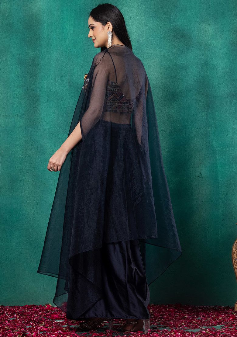 Navy Blue Organza Jacket Set With Mirror Thread Embroidered Blouse And Draped Skirt