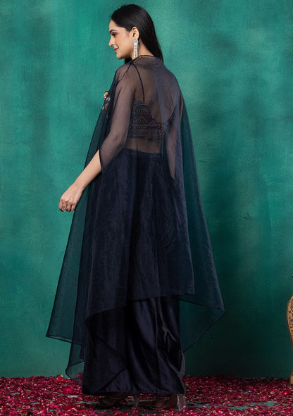 Navy Blue Organza Jacket Set With Mirror Thread Embroidered Blouse And Draped Skirt