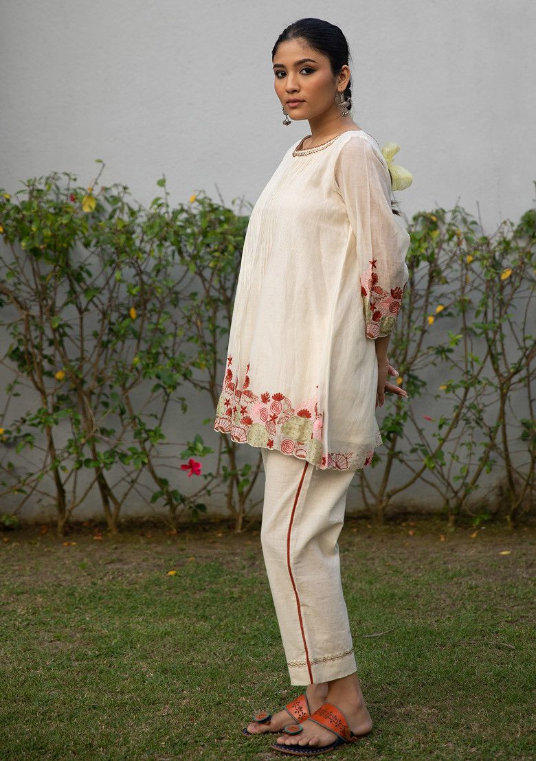 Ivory Embroidered Handwoven Cotton Silk Tunic Set