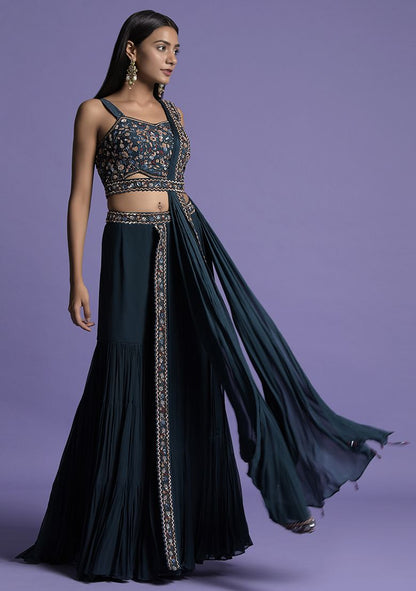 Teal Blue Sequin Embroidered Georgette Gharara Set