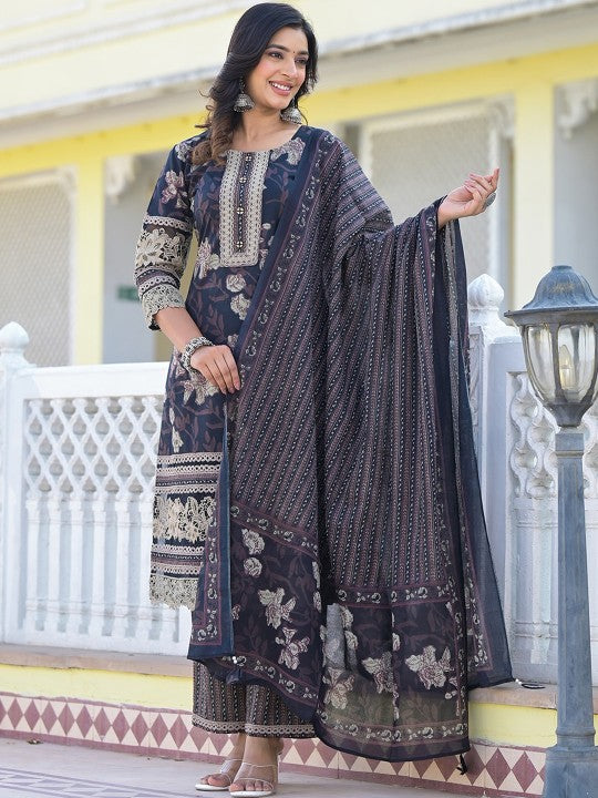 Black Floral Printed Pure Cotton Pakistani Style Kurta With Trousers & Dupatta