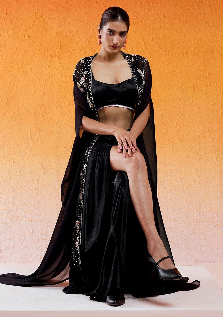 Black Sequin Embroidered Draped Skirt Set With Cape