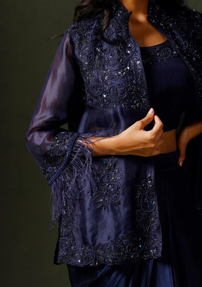 Blue Embroidered Organza Jacket And Drape Skirt Set