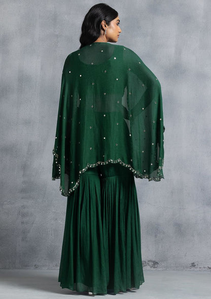 Green Sharara Set With Bead Mirror Hand Embroidered Blouse And Embellished Jacket