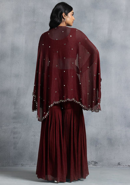 Maroon Sharara Set With Bead Mirror Hand Embroidered Blouse And Embellished Jacket