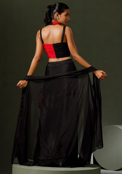 Red And Black Halter Crop Top And Skirt Set