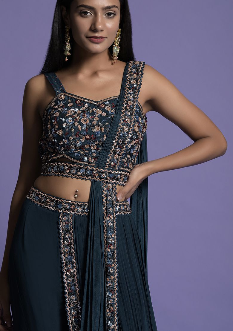 Teal Blue Sequin Embroidered Georgette Gharara Set