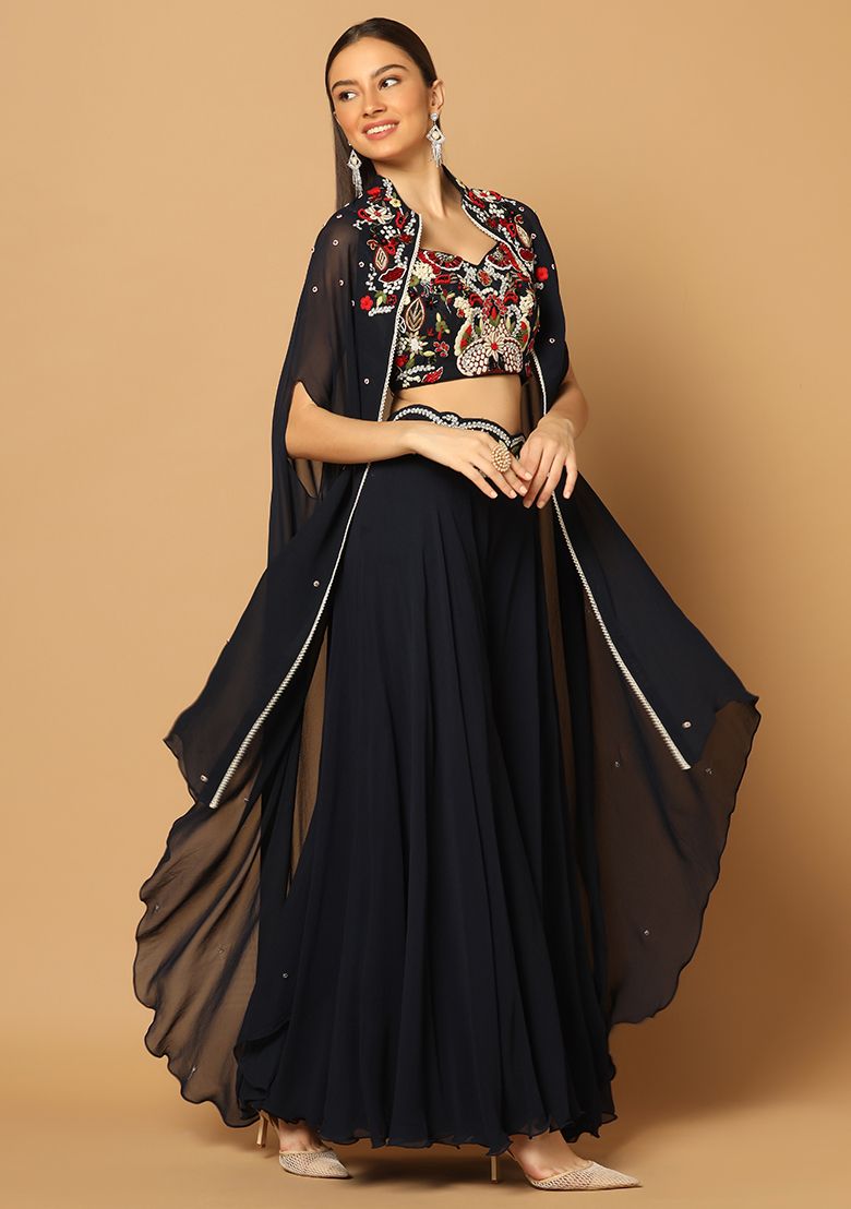 Navy Blue Cape And Sharara Set