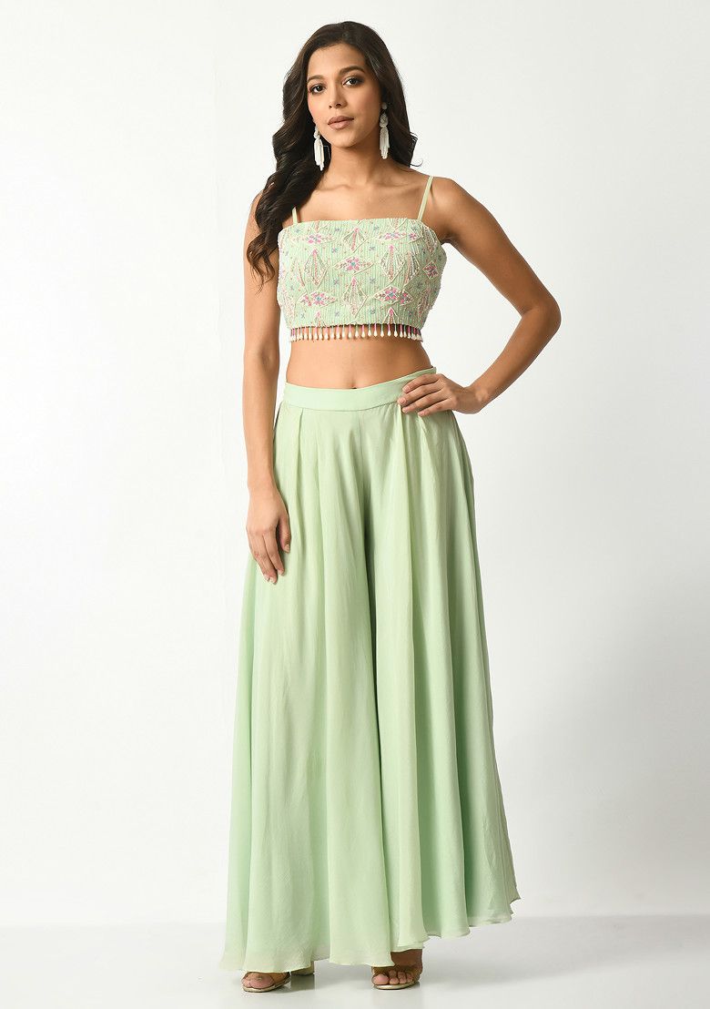 SALT AND SPRING Mint Green Sequin Embroidered Pants Set With Cape