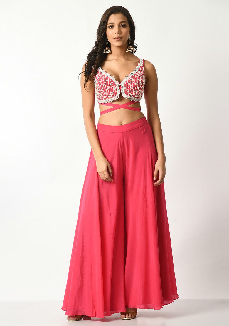 SALT AND SPRING Fuschia Sequin Embroidered Criss Cross Tie Pants Set With Cape