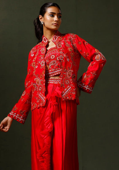 Red Embroidered Silk Jacket And Drape Skirt Set