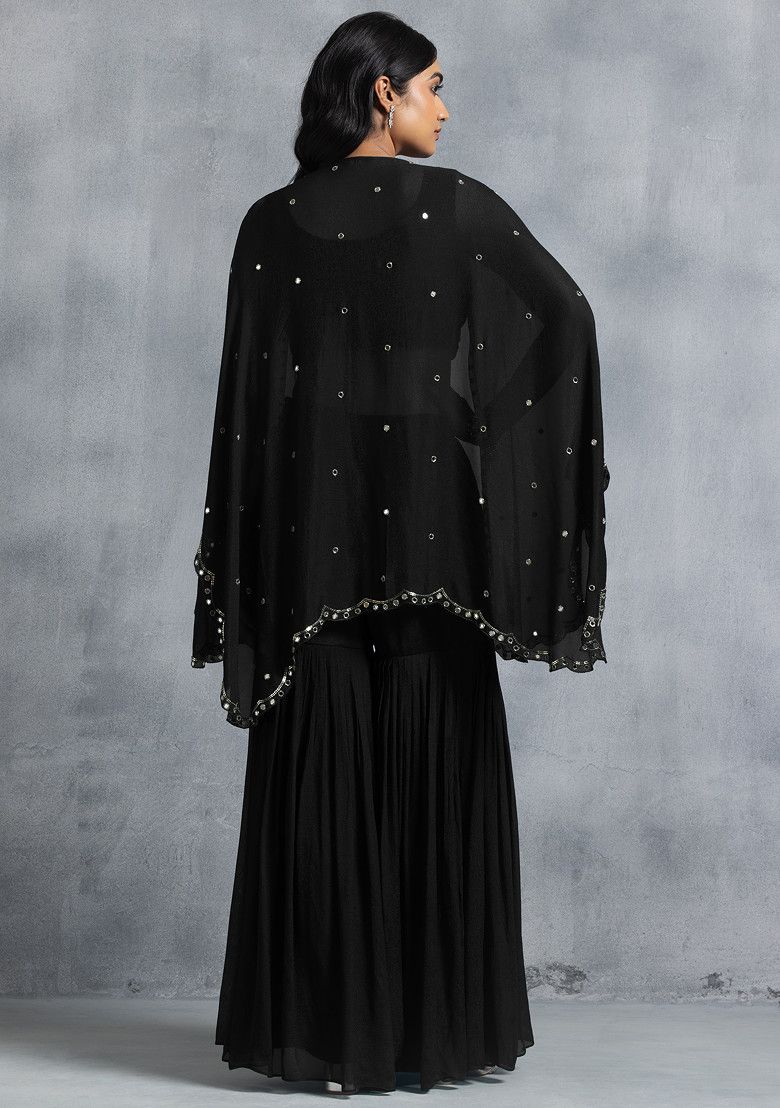 Black Sharara Set With Bead Mirror Hand Embroidered Blouse And Embellished Jacket