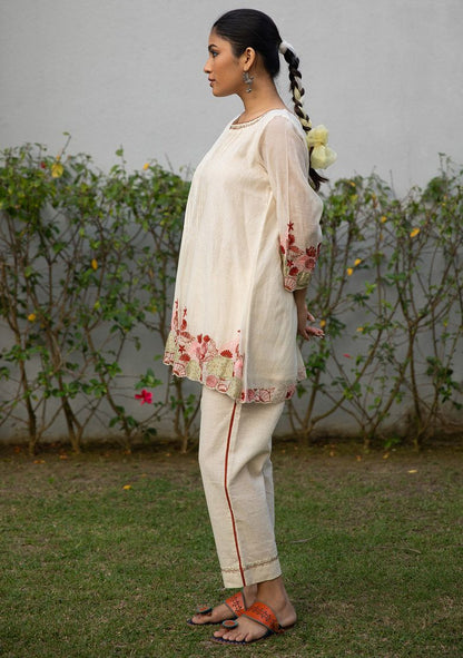 Ivory Embroidered Handwoven Cotton Silk Tunic Set