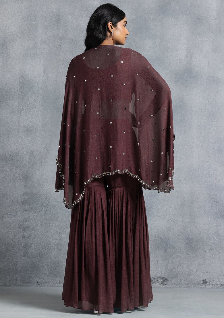 Wine Sharara Set With Bead Mirror Hand Embroidered Blouse And Embellished Jacket