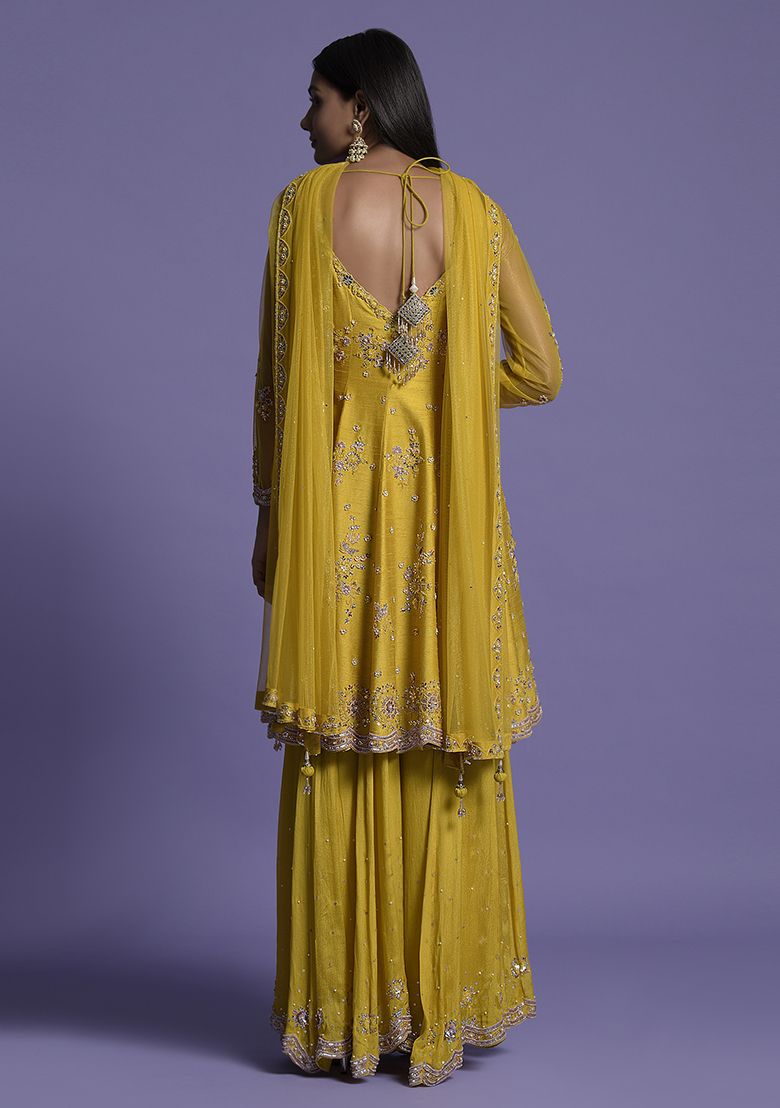 Yellow Silk Sequin Embroidered Short Anarkali Set