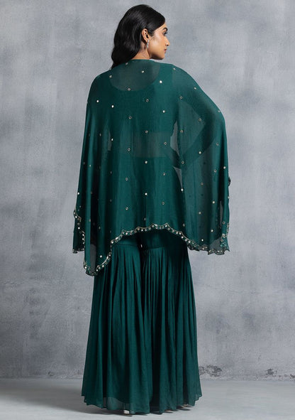 Deep Green Sharara Set With Sequin Hand Work Blouse And Dupatta