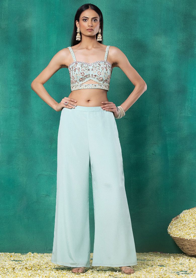 Seafoam Mesh Jacket Set With Sequin Pearl Embroidered Blouse And Pants