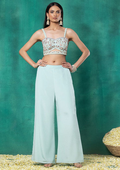 Seafoam Mesh Jacket Set With Sequin Pearl Embroidered Blouse And Pants