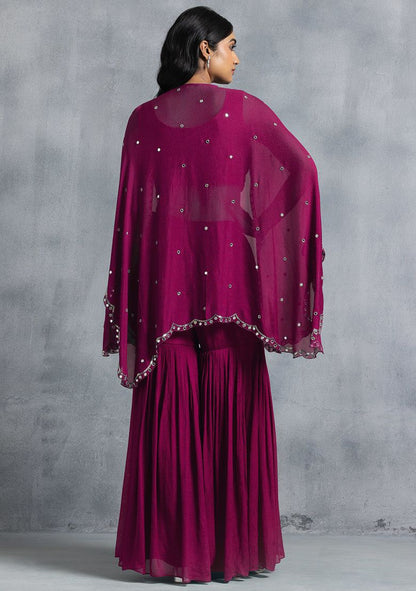 Hot Pink Sharara Set With Bead Mirror Hand Embroidered Blouse And Embellished Jacket