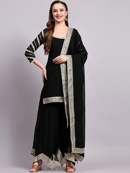 Embroidered Pakistani Style Kurta With Palazzo & Dupatta