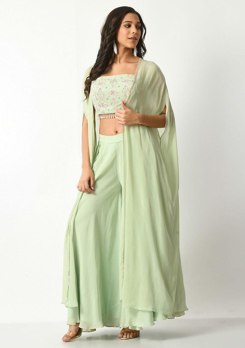 SALT AND SPRING Mint Green Sequin Embroidered Pants Set With Cape